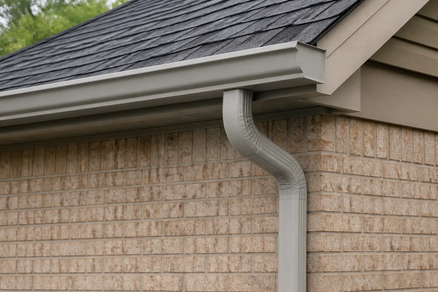 New aluminum gutter and downspout installed along the eave