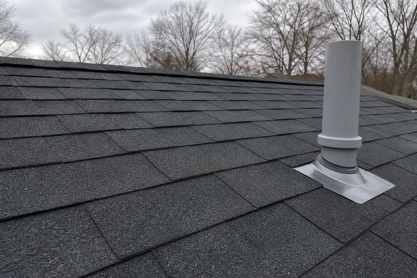 Repaired shingles and flashing around a roof vent