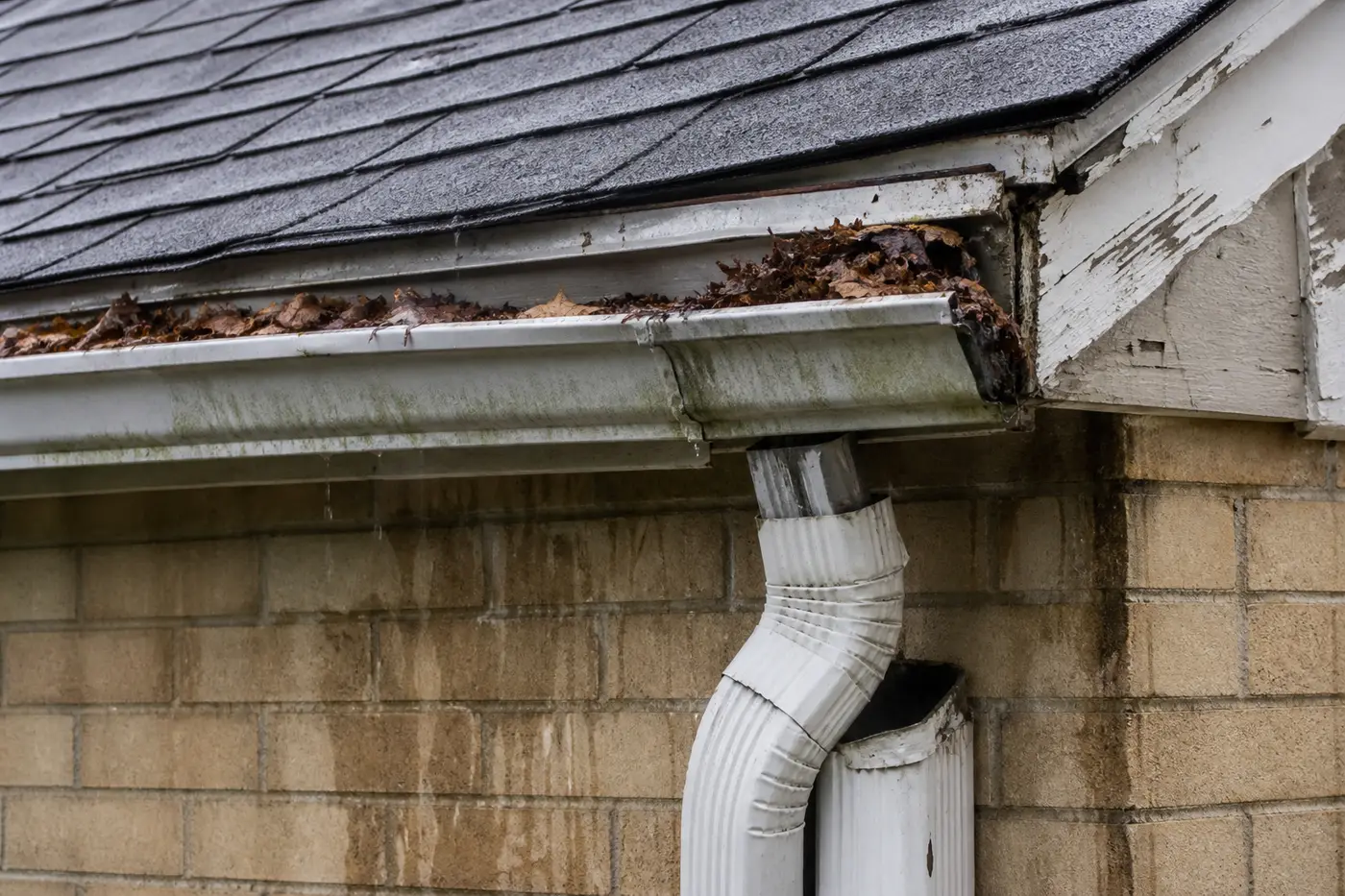 Clogged, sagging gutter overflowing at a roof edge