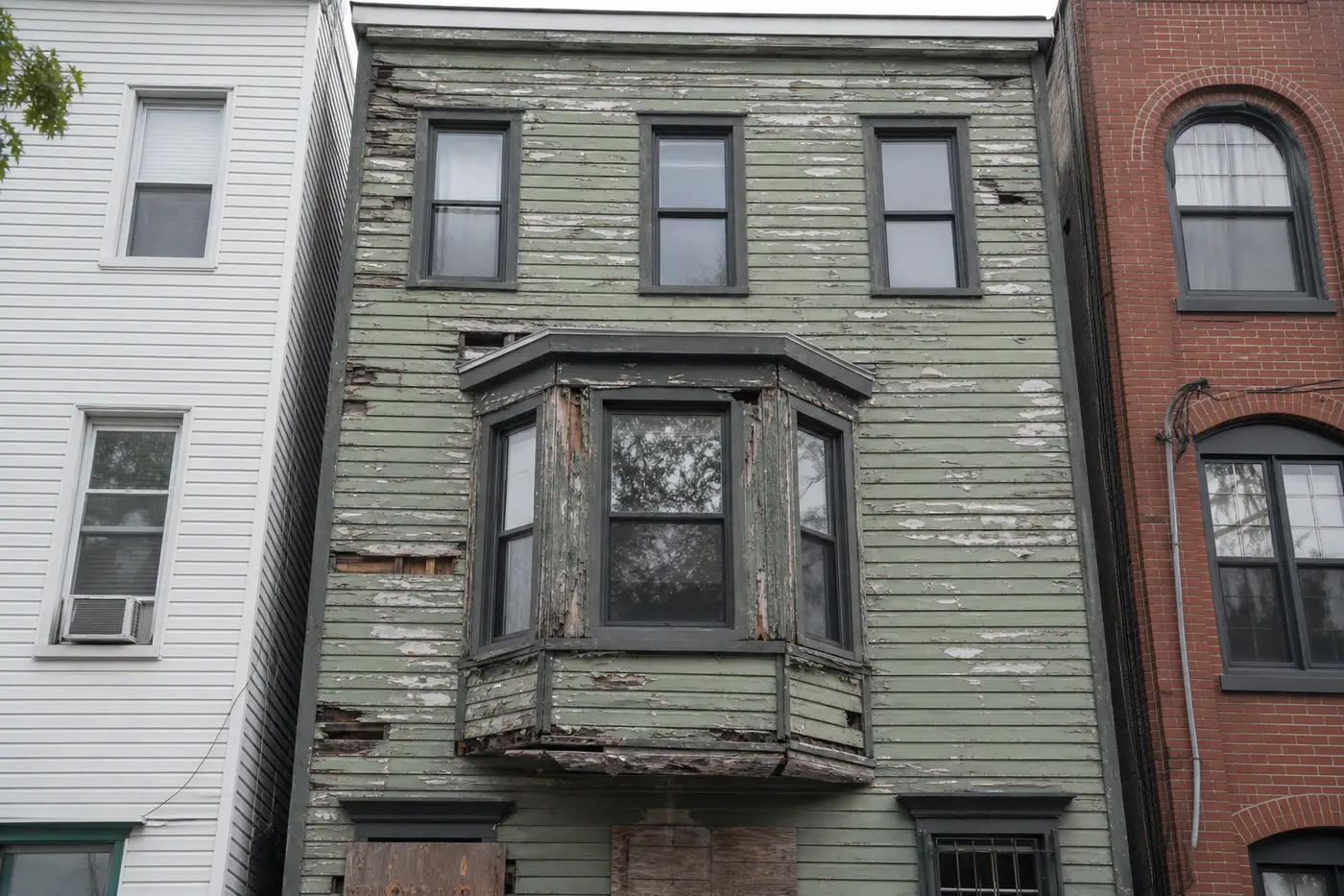 Damaged clapboard siding on a New York City townhouse