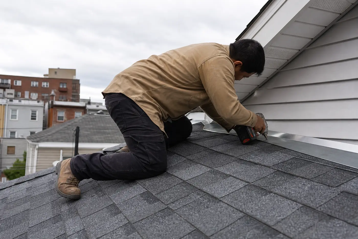 Roofer fastening flashing on a residential shingle roof