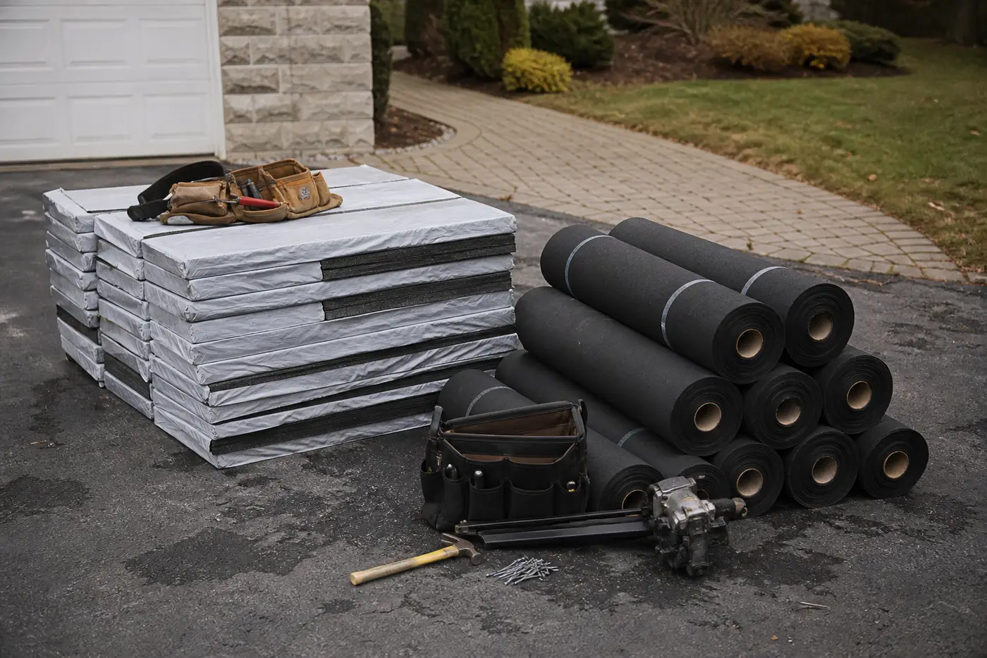 Roofing materials staged for a job