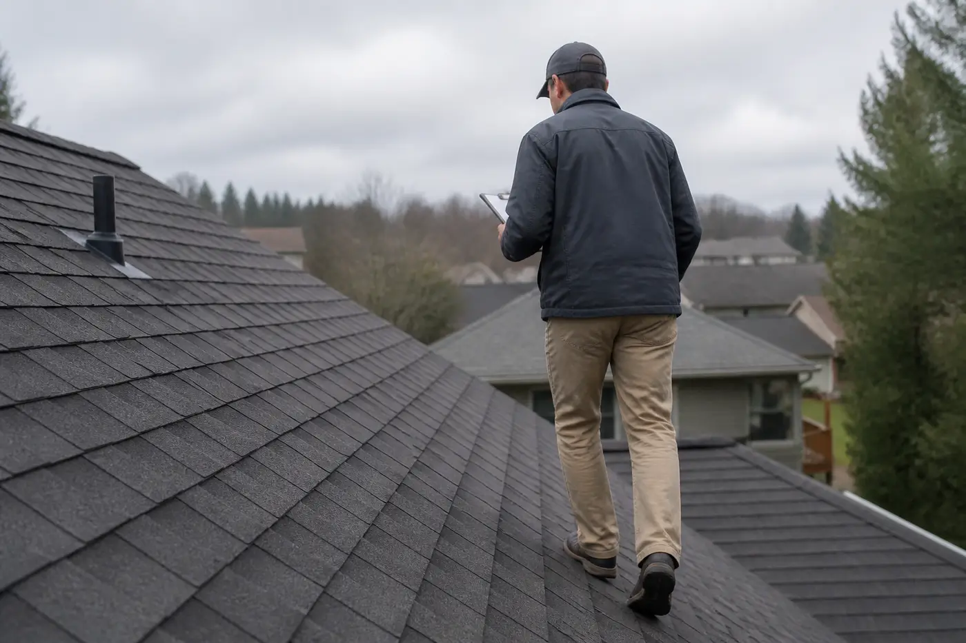 Roofer inspecting a residential roof