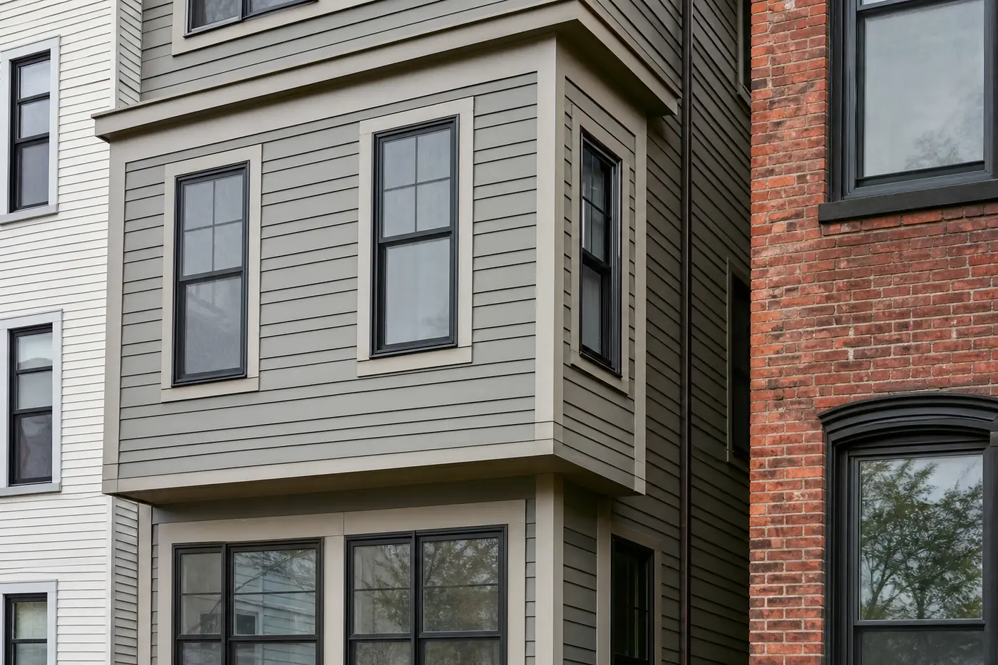 Clapboard siding and window trim on a New York City townhouse