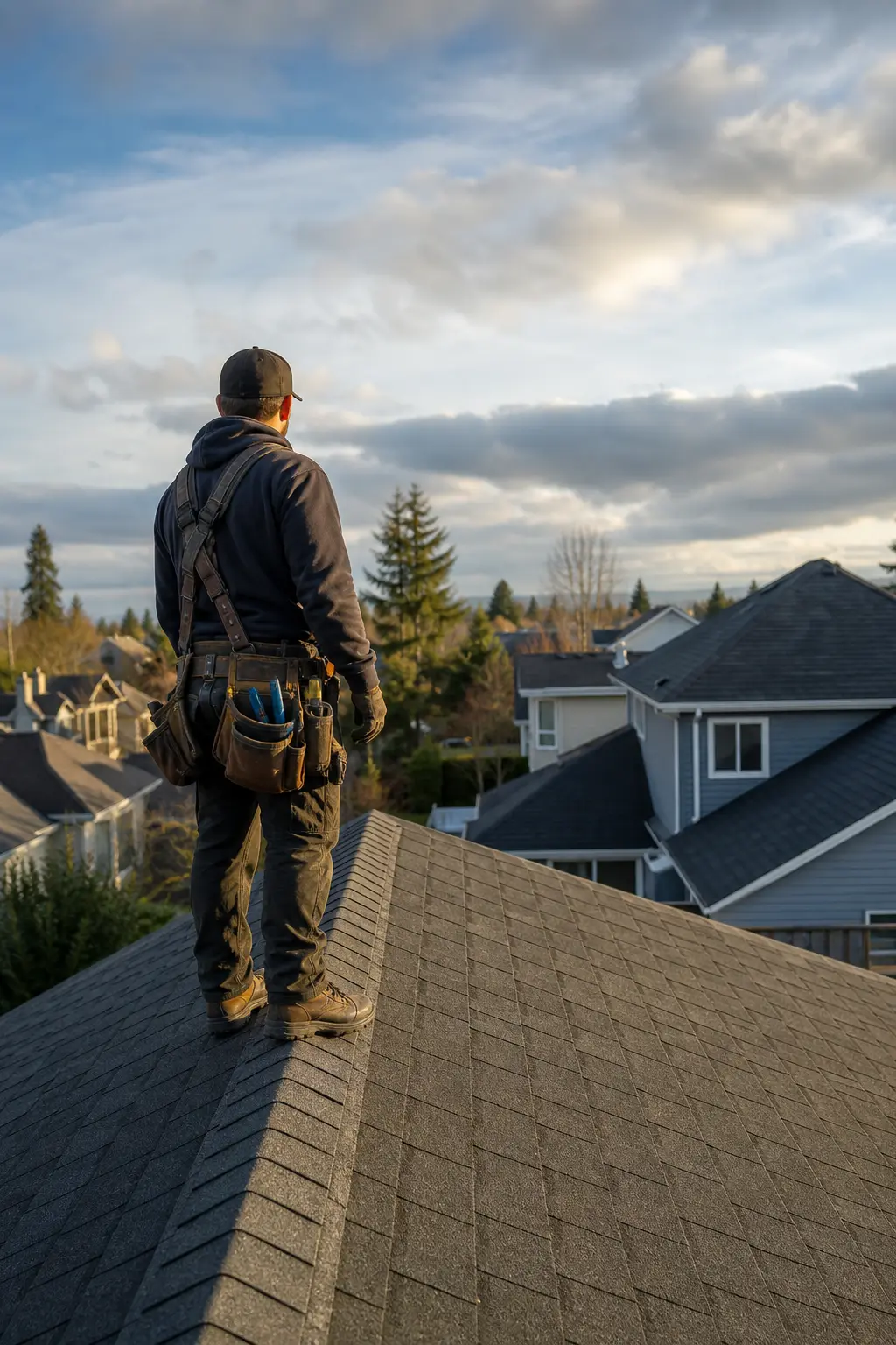 Roofer standing on a finished residential roof